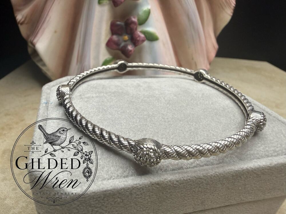 Judith Ripka 925 Sterling Silver Cable Bangle Bracelet Pave CZ Twisted Rope